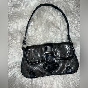 Faux snake print black handbag with rhinestone buckle